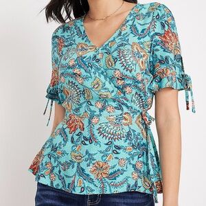 Maurices Floral Wrap Tie Peplum Top V-neck Blouse Size 2X Teal Paisley cottage